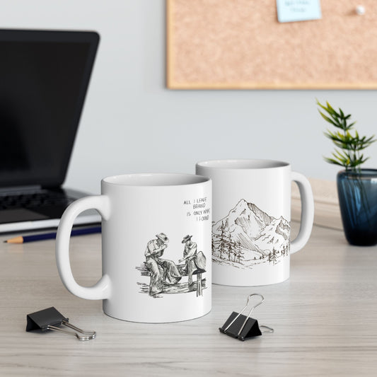 Mountain Sketch Ceramic Mug — Hand-Drawn Pines & Peaks Coffee Cup