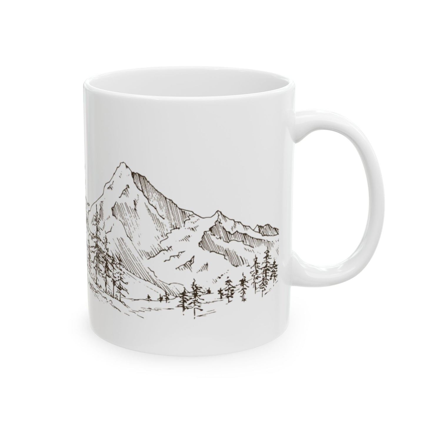 Mountain Sketch Ceramic Mug — Hand-Drawn Pines & Peaks Coffee Cup