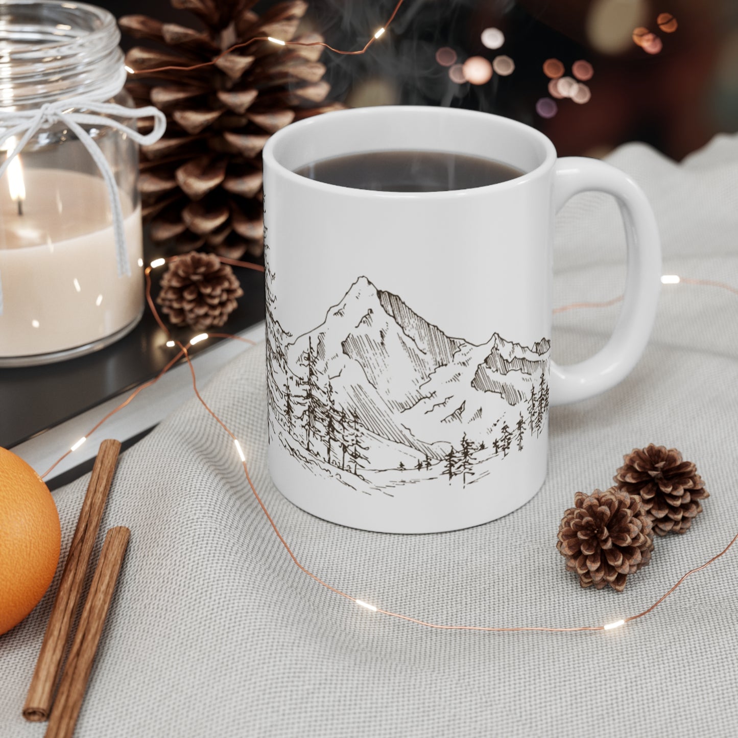 Mountain Sketch Ceramic Mug — Hand-Drawn Pines & Peaks Coffee Cup