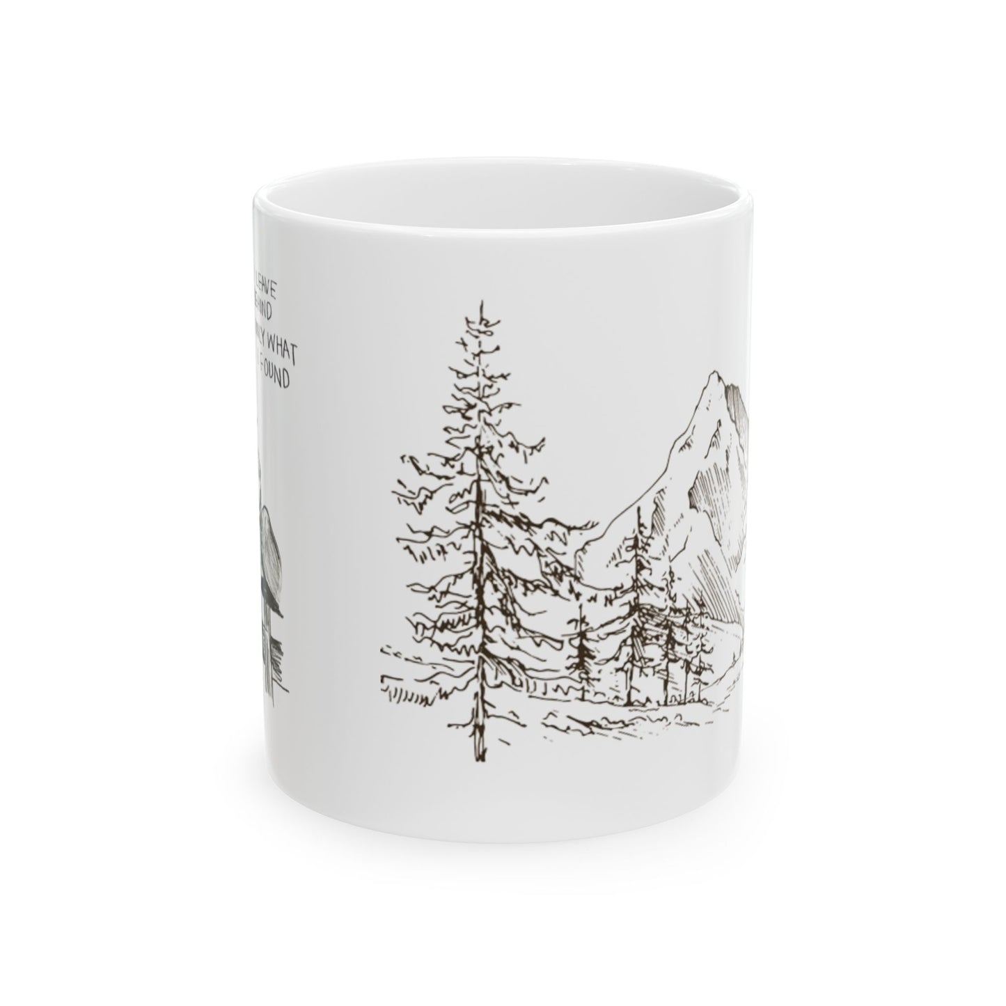 Mountain Sketch Ceramic Mug — Hand-Drawn Pines & Peaks Coffee Cup
