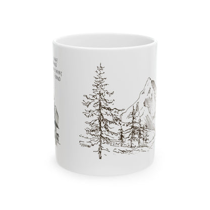 Mountain Sketch Ceramic Mug — Hand-Drawn Pines & Peaks Coffee Cup