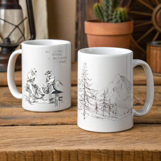 Mountain Sketch Ceramic Mug — Hand-Drawn Pines & Peaks Coffee Cup